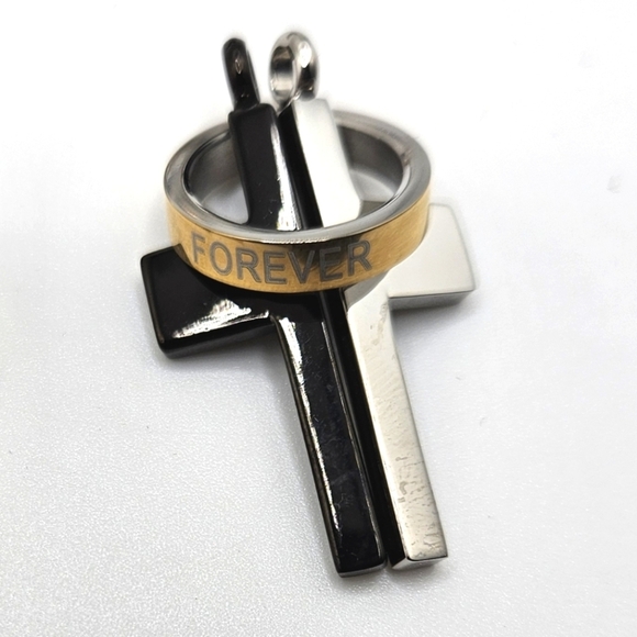 Cross FOREVER Pendant Gold Black Plated  Steel Unisex Couples - Picture 1 of 4